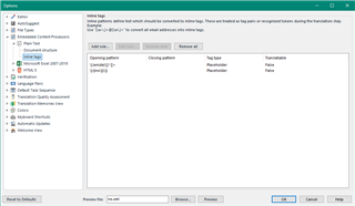 Screenshot of Trados Studio showing 'Inline tags' settings with opening and closing actions for placeholders.