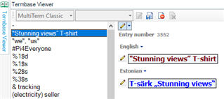 Termbase Viewer window in Trados Studio showing a selected English term 'Stunning views' T-shirt with corresponding Estonian translation.