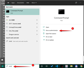 Windows search bar showing 'cmd' typed in with Command Prompt app visible. Red arrows pointing to 'Run as administrator' option.