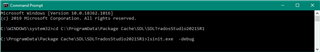 Command Prompt window with typed commands 'cd C:ProgramDataPackage CacheSDLSDLTradosStudio2021SR1' and 'lsinit.exe debug'.