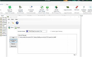 Trados Studio screenshot showing the Export Files dialog box with a list of files and a progress bar indicating 'TRADOStag Documents (1 of 1)' being processed.