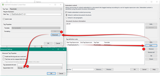 Screenshot of Trados Studio showing the 'Tag Verifier' window with 'Edit Rule' dialog open. Arrows point to 'Advanced Settings' and 'Segmentation Hint' set to 'Exclude'. A 'Save' button is highlighted.