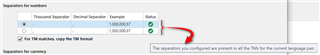 Trados Studio screenshot showing a tooltip over a green check status symbol, indicating validation of separators for Translation Memory settings.