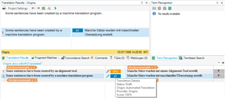 Screenshot of Trados Studio displaying Translation Results with a segment created by a machine translation program, labeled as 'Automated Translation' with a draft status and no penalty applied.