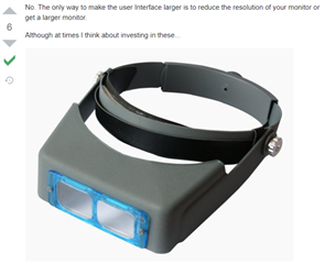 Screenshot of a response in a forum discussing Trados Studio, stating that the only way to make the user interface larger is to reduce screen resolution or get a larger monitor.