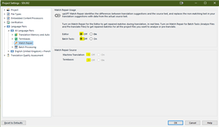 Trados Studio Project Settings window showing Match Repair option turned off.