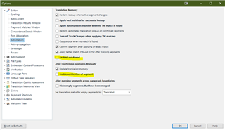 Trados Studio File Options window with LookAhead and Enable verification of segment after confirming segments manually options turned off.
