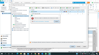 Trados Studio error message dialog box displaying 'Referencia a objeto no establecida como instancia de un objeto' with an 'OK' button.