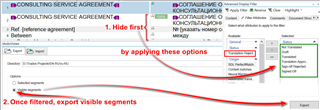 Screenshot of Trados Studio interface showing a CONSULTING SERVICE AGREEMENT document with instructions to hide segments by assigning 'Translation Rejected' status and filtering options.