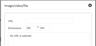 Screenshot of an imagevideofile upload dialog box with an empty URL field and a message stating 'No URL is selected'.