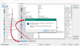 Trados Studio screenshot showing the File Types options menu with a red arrow pointing to the 'Import Settings...' button. A dialog box appears asking to create a new file type based on the imported settings.