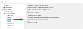 Trados Studio options menu with an arrow pointing to 'Parser' under 'File Types'. Options for 'xml:lang attribute values' are shown, including 'Change matching source language to target language'.