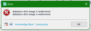 Error dialog box in Trados Studio showing message 'database disk image is malformed'.