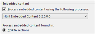 Trados Studio settings showing 'Process embedded content using the following processor: Html Embedded Content 5.20.0.0' with 'CDATA sections' checked.