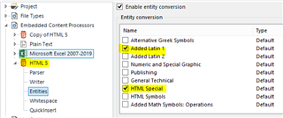 Trados Studio 'Entity conversion' settings with 'Added Latin 1' and 'HTML Special' checked under 'Enable entity conversion'.