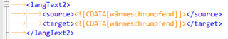 XML code snippet with CDATA sections showing source and target text without any visible errors or warnings.