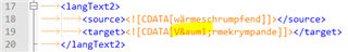 XML code snippet highlighting target text 'V rme krympande' with a yellow background indicating a selected segment.
