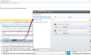 Screenshot of Trados Studio with the MultiTerm widget open, showing a search for the term 'security' with results displayed.