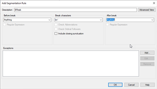 Trados Studio Add Segmentation Rule dialog box with 'br' entered in the 'Break characters' field and 'External' selected in the 'After break' options.