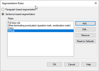 Segmentation Rules dialog box showing a list of rules with 'BRBreak' highlighted indicating it is selected for editing or removal.
