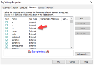 Tag Settings Properties dialog in Trados Studio with 'br' tag highlighted and set to 'External' indicating it will be treated as a segment break.