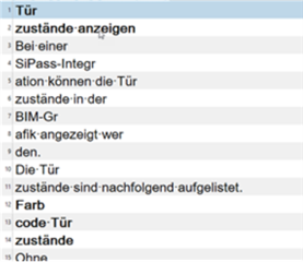 Screenshot of Trados Studio showing a list of items in German with some words cut off at the beginning and end, indicating a display or formatting error.