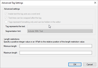 Trados Studio Advanced Tag Settings dialog box with options for tag handling and segmentation hint set to 'Include With Text'.