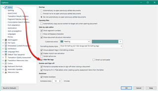 Trados Studio options menu with annotations indicating steps to remove orange tabs in the preview.