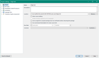 Trados Studio Project Settings dialog box with options for notification email, location, and due date settings visible.