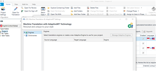 Trados Studio 2017 interface showing the Machine Translation with Adaptive Engine feature greyed out and unclickable.
