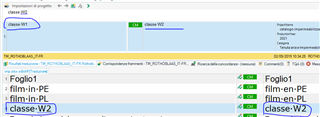 Trados Studio screenshot showing the translation memory view with the segment 'classe W1' highlighted, and the incorrect automatic translation 'classe W2' displayed.