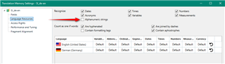 Trados Studio settings window with Alphanumerics option disabled, highlighted by a red arrow.