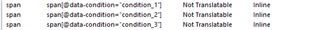 Trados Studio error message showing 'span' elements with 'data-condition' attributes 'condition_1', 'condition_2', and 'condition_3' marked as 'Not Translatable'.