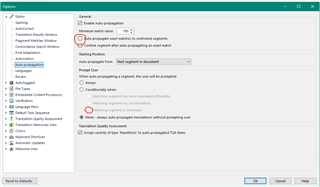 Trados Studio Options dialog box showing Editor settings with Auto Propagation section. Two options circled in red: 'Confirm segment after auto-propagating to next unconfirmed segment' and 'Stop auto-propagate if segment is confirmed manually.'