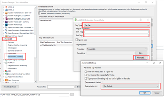 Trados Studio interface showing the 'Embedded Content Processing' settings with 'XML Embedded Content' rule being edited. Advanced settings are highlighted with 'May exclude' option selected.