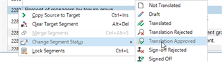 Trados Studio dropdown menu showing options for segment status including Translation Approved and Lock Segments.