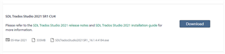 Screenshot of Trados Studio update page showing a message to refer to the SDL Trados Studio 2021 release notes and installation guide, with a blue 'Download' button.