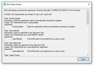 Error message in Trados Studio stating 'Access to the path D:DIRECTORYBINS-1-5-18 is denied.' with usage instructions for various tasks below.