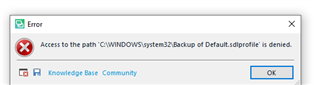 Error message in Trados Studio stating 'Access to the path 'C:WINDOWSSystem32Backup of Default.sdlprofile' is denied.' with an OK button.