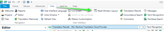 Trados Studio screenshot showing the 'Reset Windows Layout' option highlighted in the 'View' tab.