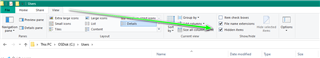Screenshot showing Windows Explorer with the 'View' tab active and an arrow pointing to the 'Hidden items' checkbox, indicating it should be checked.