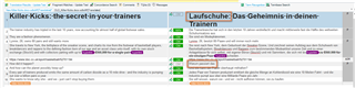 Trados Studio editor displaying the NEW file with changes highlighted where translations differ from the OLD file.