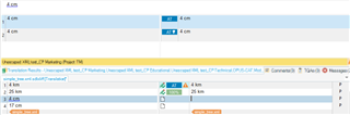 Trados Studio screenshot displaying a segment with source and target text both as '4 cm', and a yellow warning message at the bottom indicating a potential measurement error.