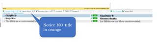 Screenshot of Trados Studio showing a document without the segment title in orange, indicated by a blue speech bubble with text 'Notice NO title in orange'.