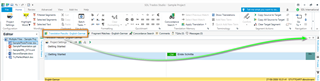 Screenshot of Trados Studio showing the Translation Results window with an arrow pointing to the 'pin' icon on the right side to dock the window in place.