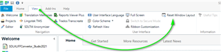 Trados Studio screenshot showing the 'View' tab with 'Reset Window Layout' option highlighted.