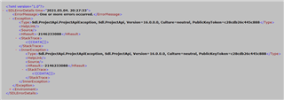 Screenshot of Trados Studio error log displaying multiple error entries with red text indicating issues with ProjectApi, version 16.0.0.0.
