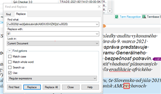 Screenshot of Trados Studio's 'Find and Replace' function with 'Find what' field filled with a space character and 'Replace with' field showing '$1'. The 'Replace' button is highlighted indicating an action being taken.