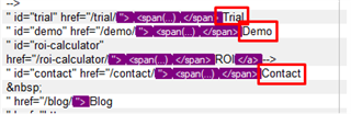 Close-up of PHP code with 'Trial', 'Demo', and 'Contact' text highlighted and enclosed in red boxes.