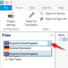 Screenshot of Trados Studio 2017 showing the navigation menu with options to select source language, English (United Kingdom) or German (Germany).